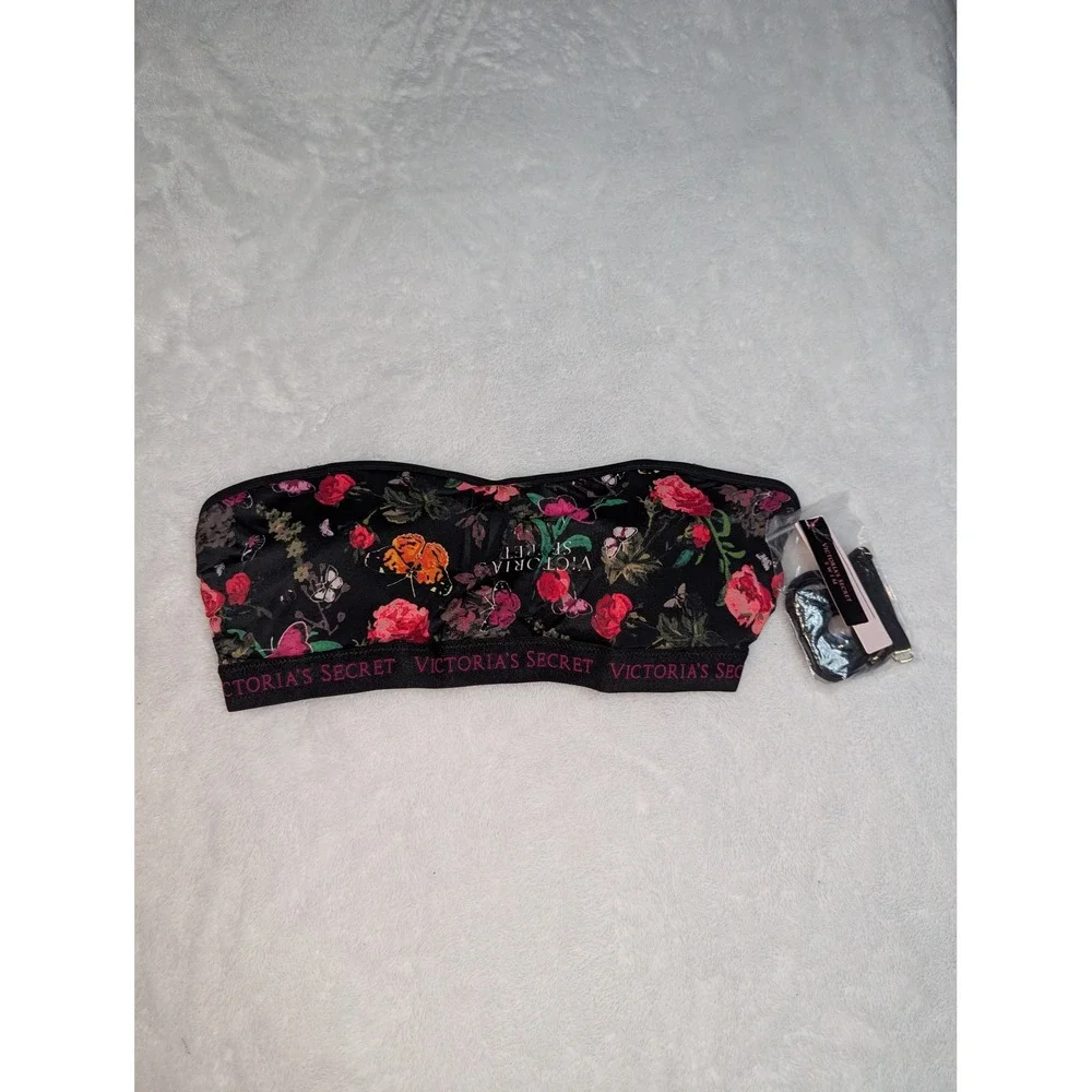 Victoria's Secret Swim Floral Bandeau Bikini Top Logo Band Black Multi M NWT‎